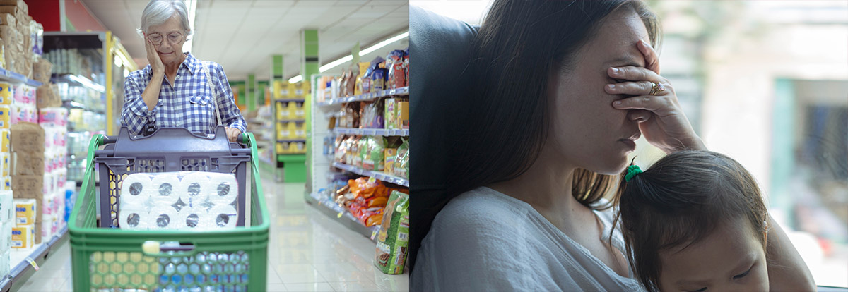 Elderly woman shopping in grocery store and single mother in distress with child